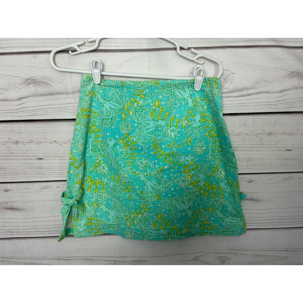 Lilly Pulitzer Turquoise Green Octopus Seersucker Bow Mini Skirt Womens 4 - Picture 3 of 8